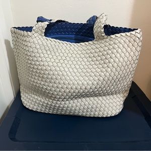 Women woven up leather tote bag ; color white &blue